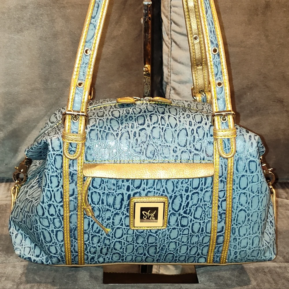 Sharif Blue and Gold Embossed Shoulder Bag - Picture 4 of 16